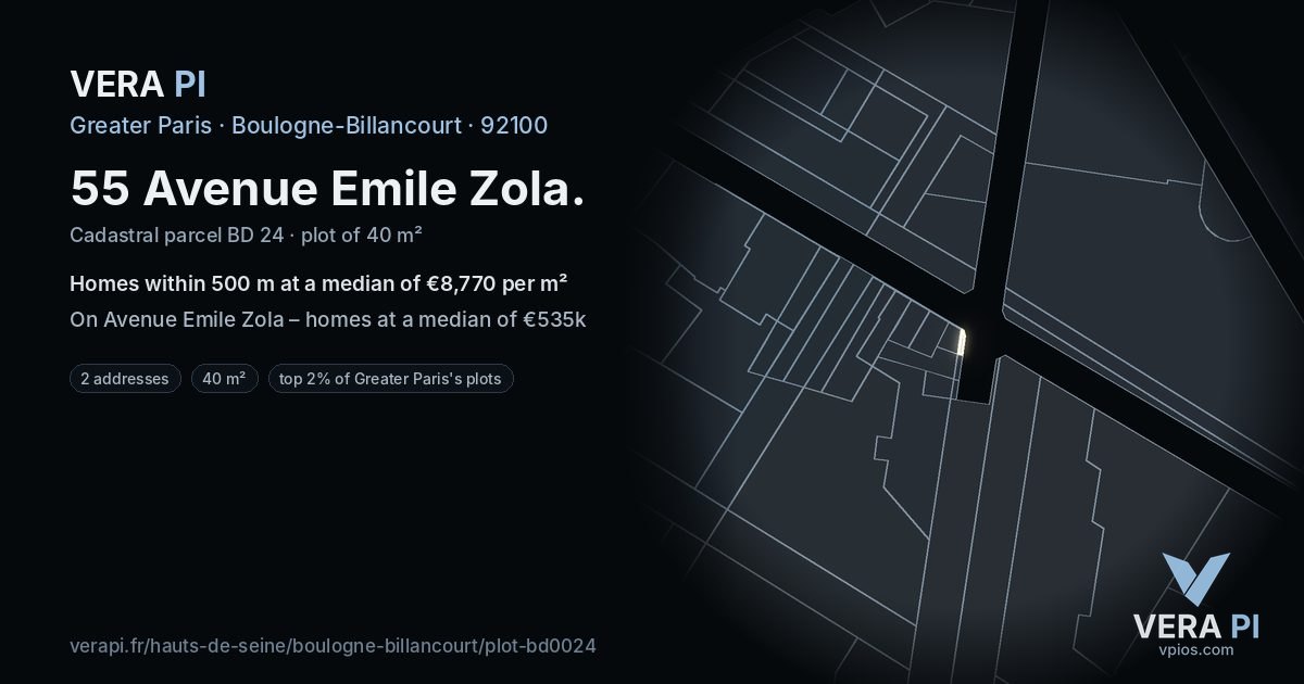 55 Avenue Emile Zola, Boulogne-Billancourt at night – the plot lit, the parcels around coloured by the prices near them