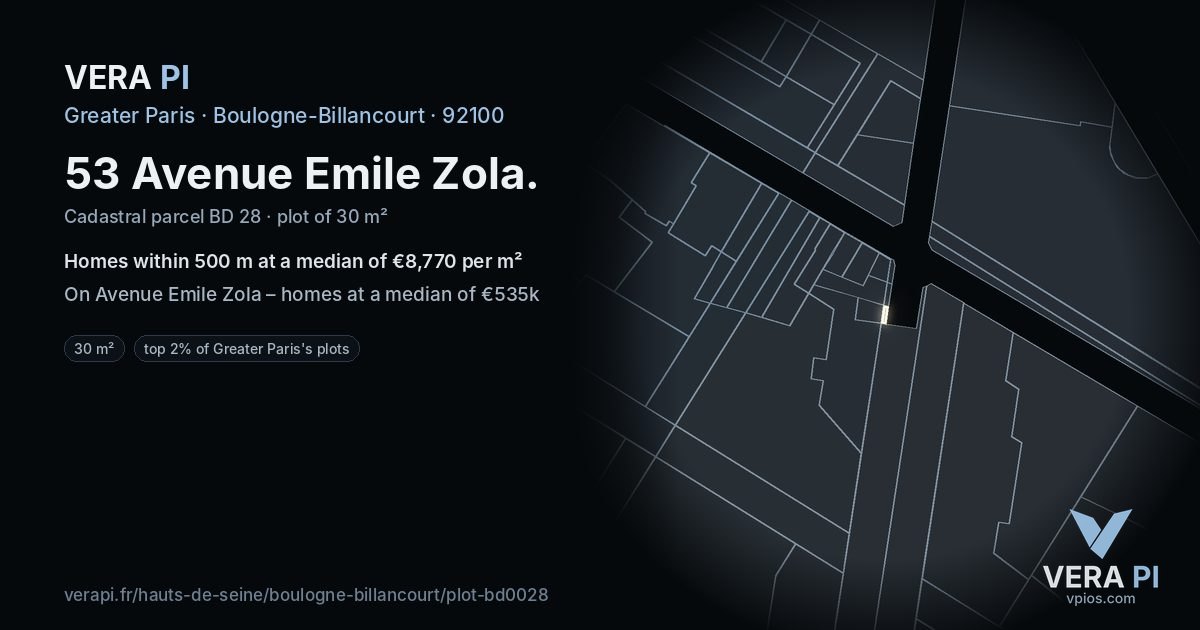 53 Avenue Emile Zola, Boulogne-Billancourt at night – the plot lit, the parcels around coloured by the prices near them
