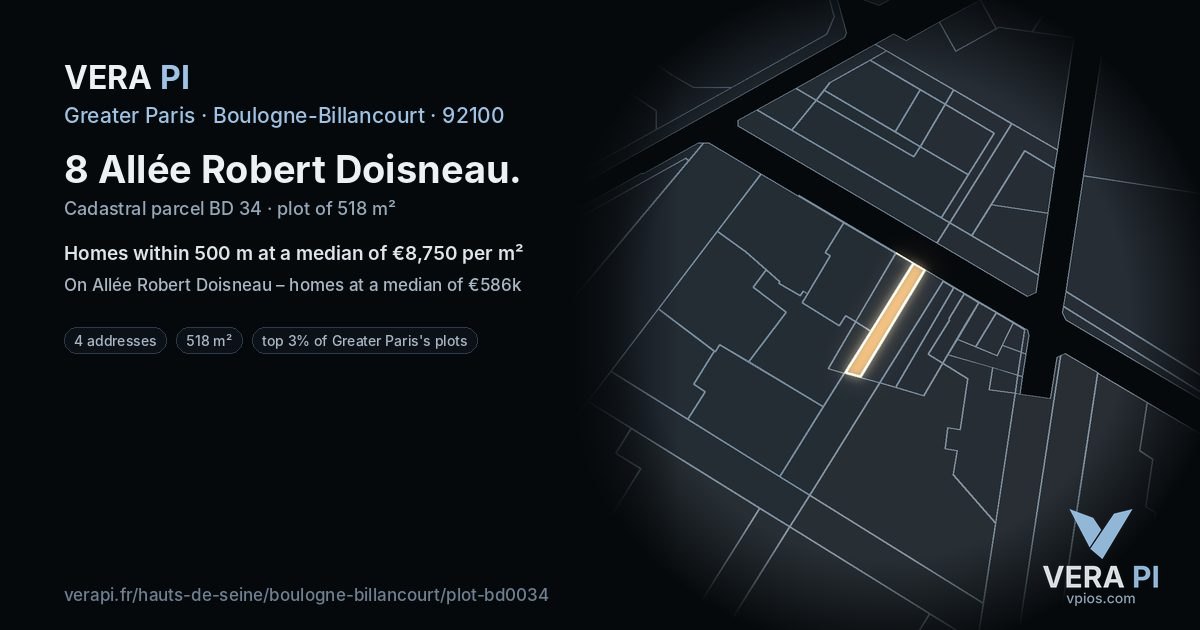 8 Allée Robert Doisneau, Boulogne-Billancourt at night – the plot lit, the parcels around coloured by the prices near them