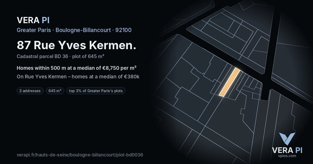 87 Rue Yves Kermen, Boulogne-Billancourt at night – the plot lit, the parcels around coloured by the prices near them