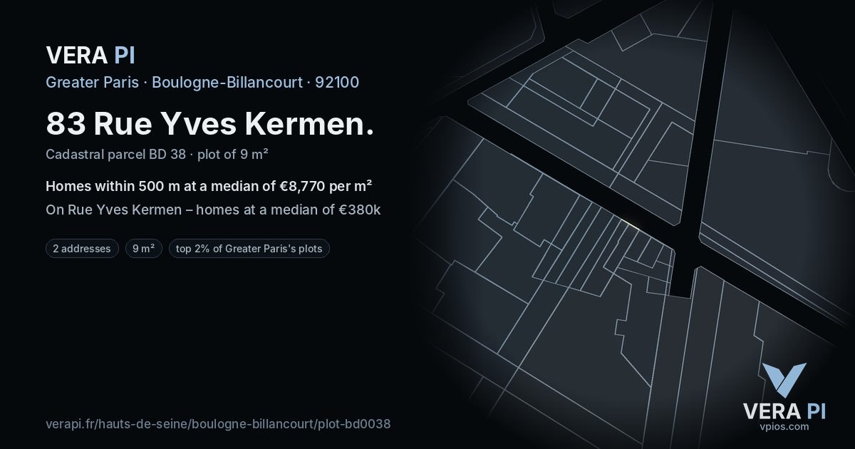 83 Rue Yves Kermen, Boulogne-Billancourt at night – the plot lit, the parcels around coloured by the prices near them