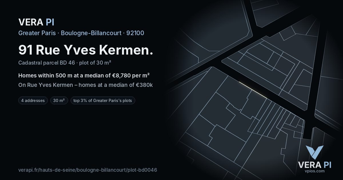 91 Rue Yves Kermen, Boulogne-Billancourt at night – the plot lit, the parcels around coloured by the prices near them