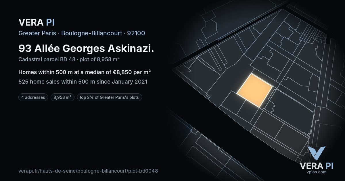 93 Allée Georges Askinazi, Boulogne-Billancourt at night – the plot lit, the parcels around coloured by the prices near them