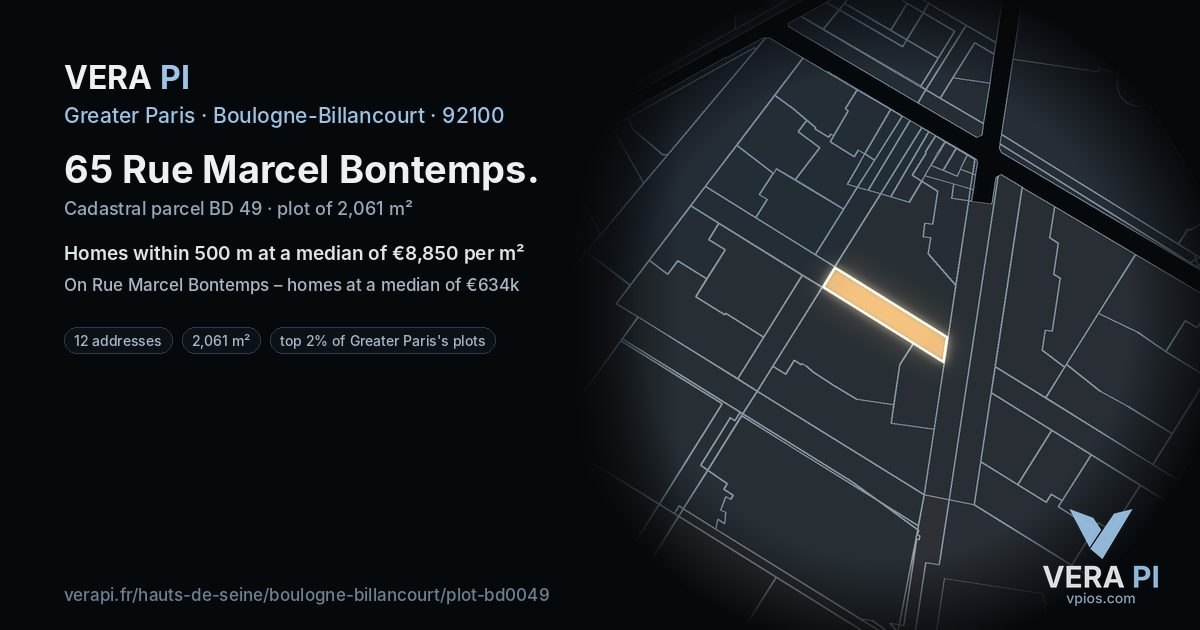 65 Rue Marcel Bontemps, Boulogne-Billancourt at night – the plot lit, the parcels around coloured by the prices near them