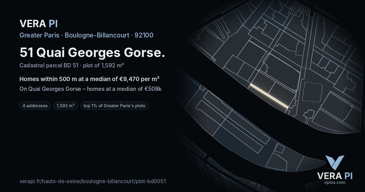 51 Quai Georges Gorse, Boulogne-Billancourt at night – the plot lit, the parcels around coloured by the prices near them