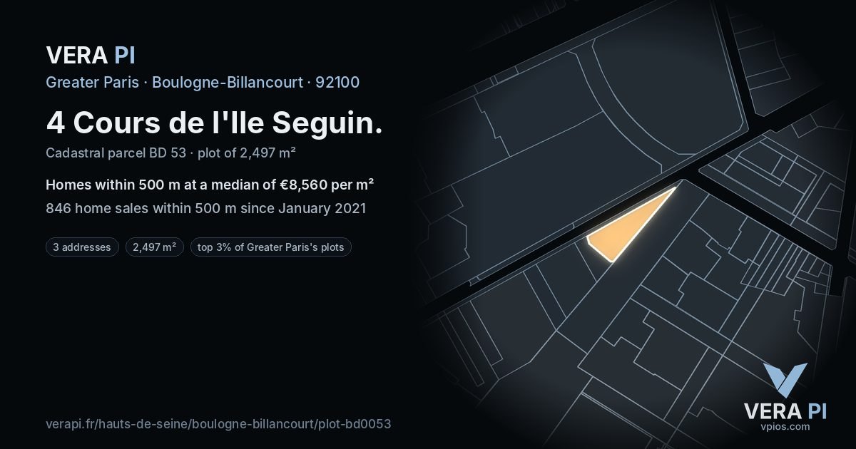 4 Cours de l'Ile Seguin, Boulogne-Billancourt at night – the plot lit, the parcels around coloured by the prices near them