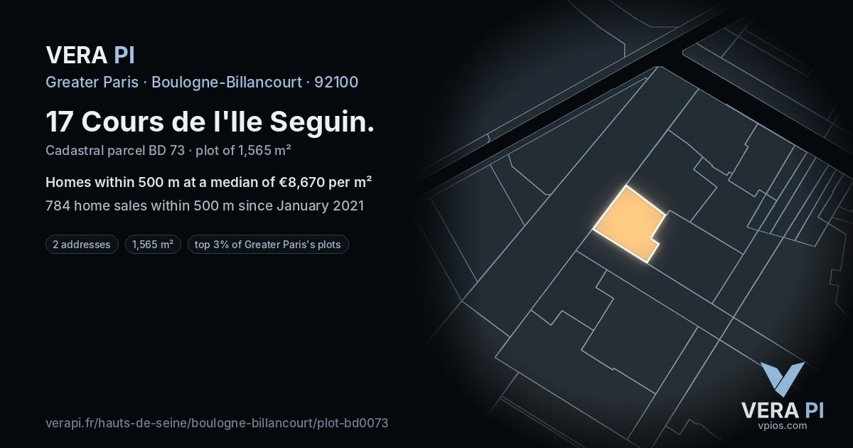 17 Cours de l'Ile Seguin, Boulogne-Billancourt at night – the plot lit, the parcels around coloured by the prices near them