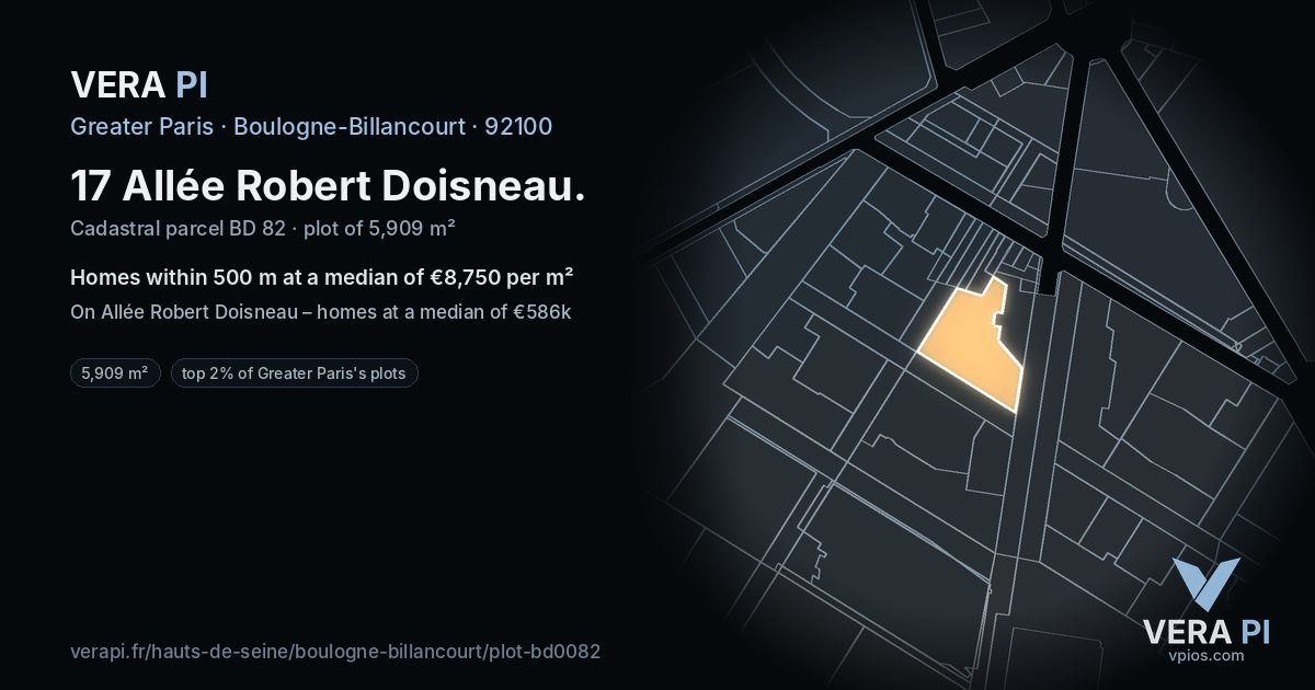 17 Allée Robert Doisneau, Boulogne-Billancourt at night – the plot lit, the parcels around coloured by the prices near them