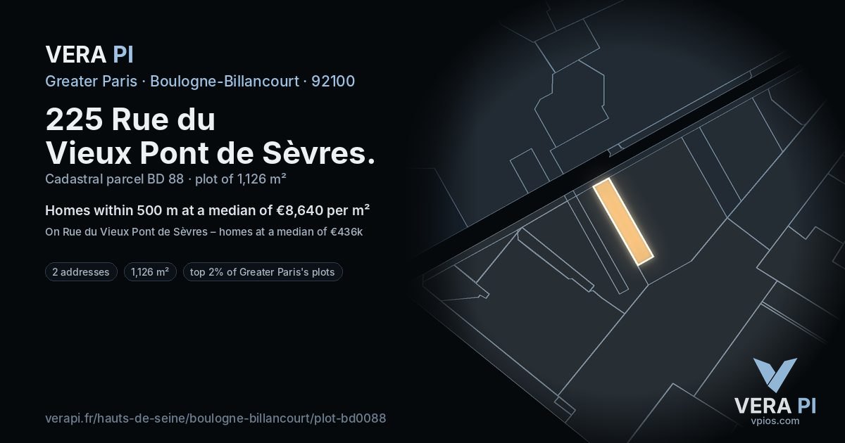 225 Rue du Vieux Pont de Sèvres, Boulogne-Billancourt at night – the plot lit, the parcels around coloured by the prices near them