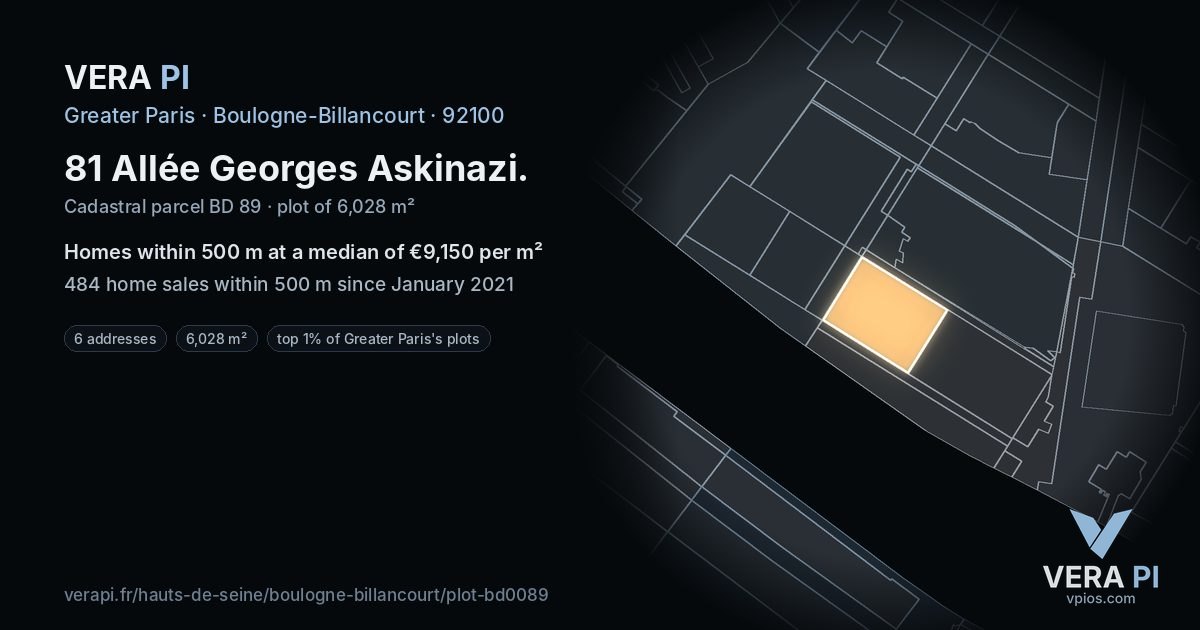 81 Allée Georges Askinazi, Boulogne-Billancourt at night – the plot lit, the parcels around coloured by the prices near them