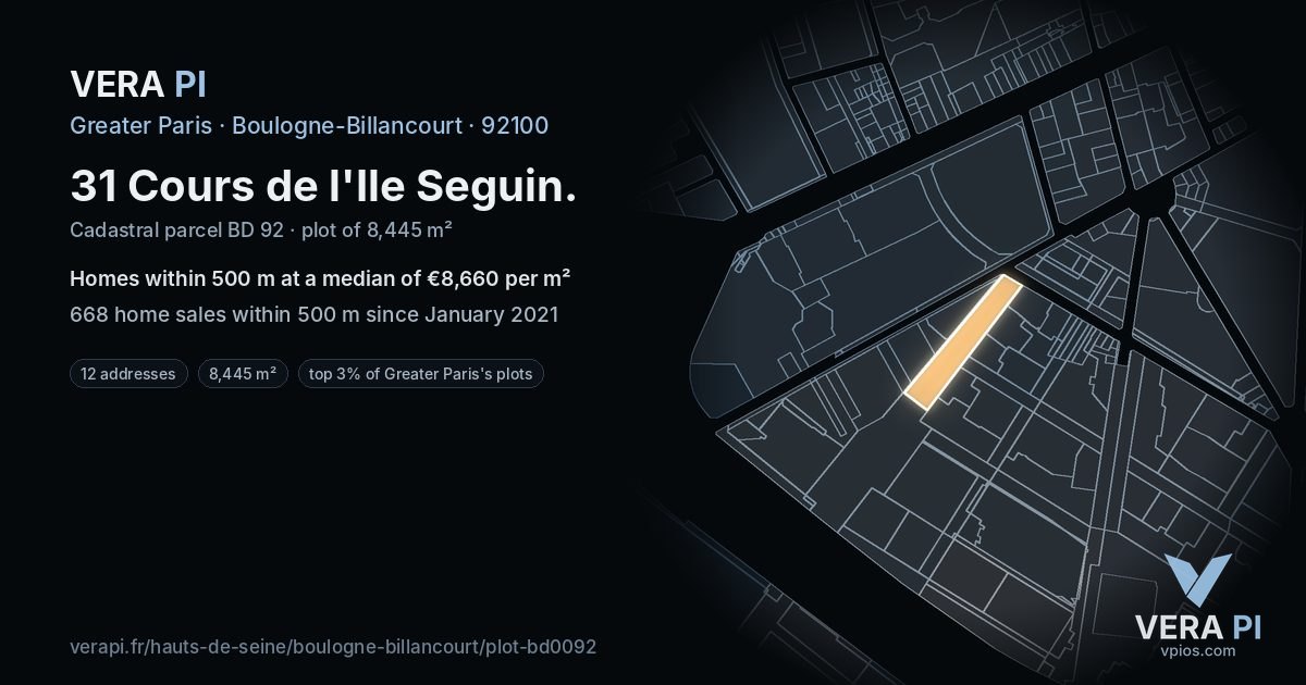 31 Cours de l'Ile Seguin, Boulogne-Billancourt at night – the plot lit, the parcels around coloured by the prices near them