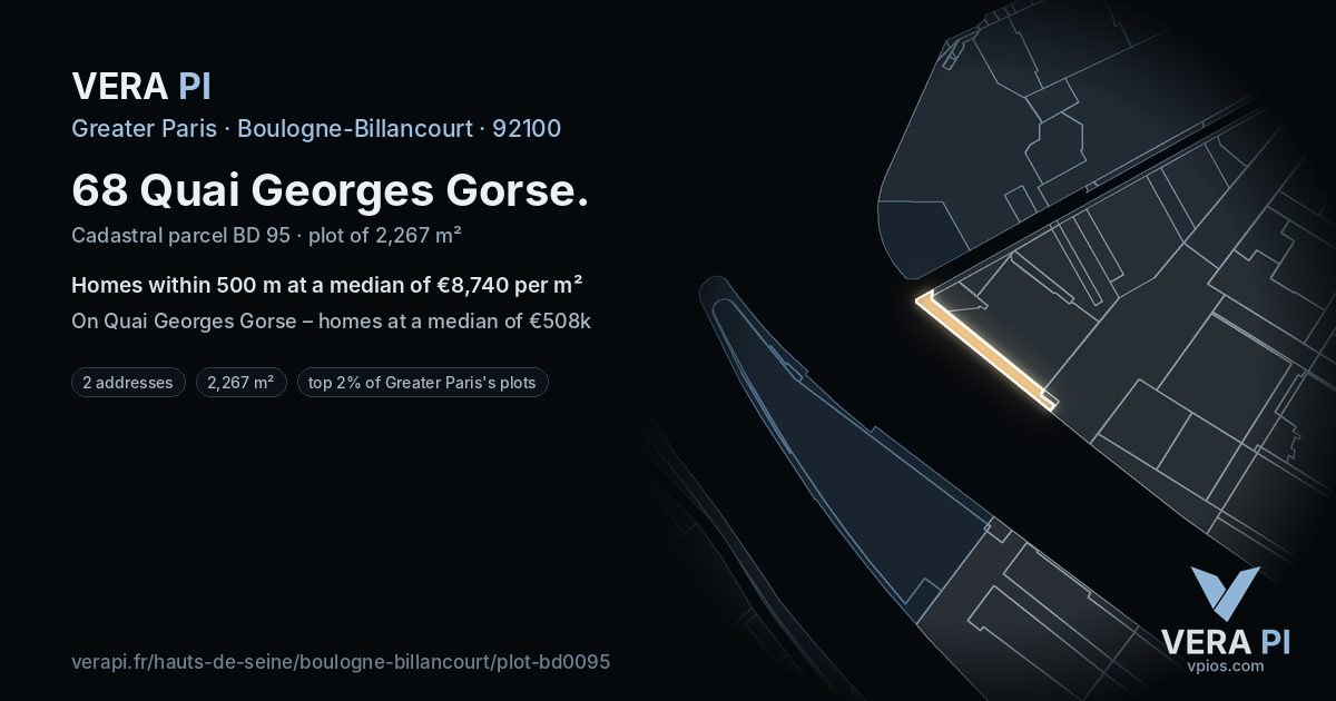 68 Quai Georges Gorse, Boulogne-Billancourt at night – the plot lit, the parcels around coloured by the prices near them