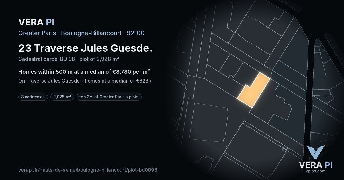 23 Traverse Jules Guesde, Boulogne-Billancourt at night – the plot lit, the parcels around coloured by the prices near them