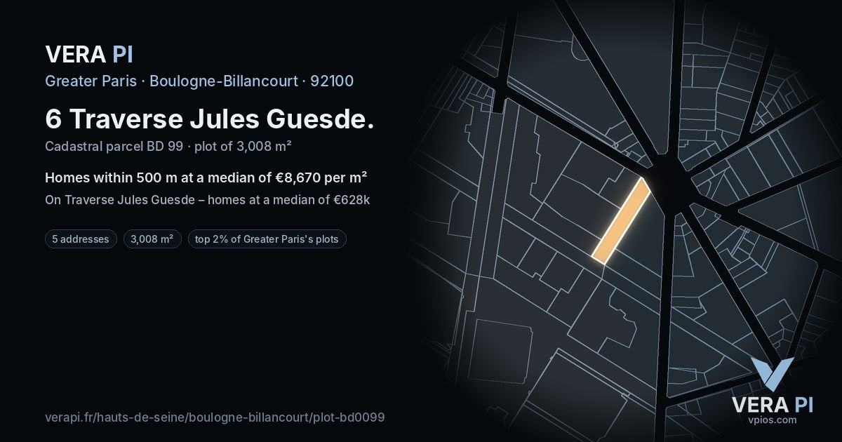 6 Traverse Jules Guesde, Boulogne-Billancourt at night – the plot lit, the parcels around coloured by the prices near them