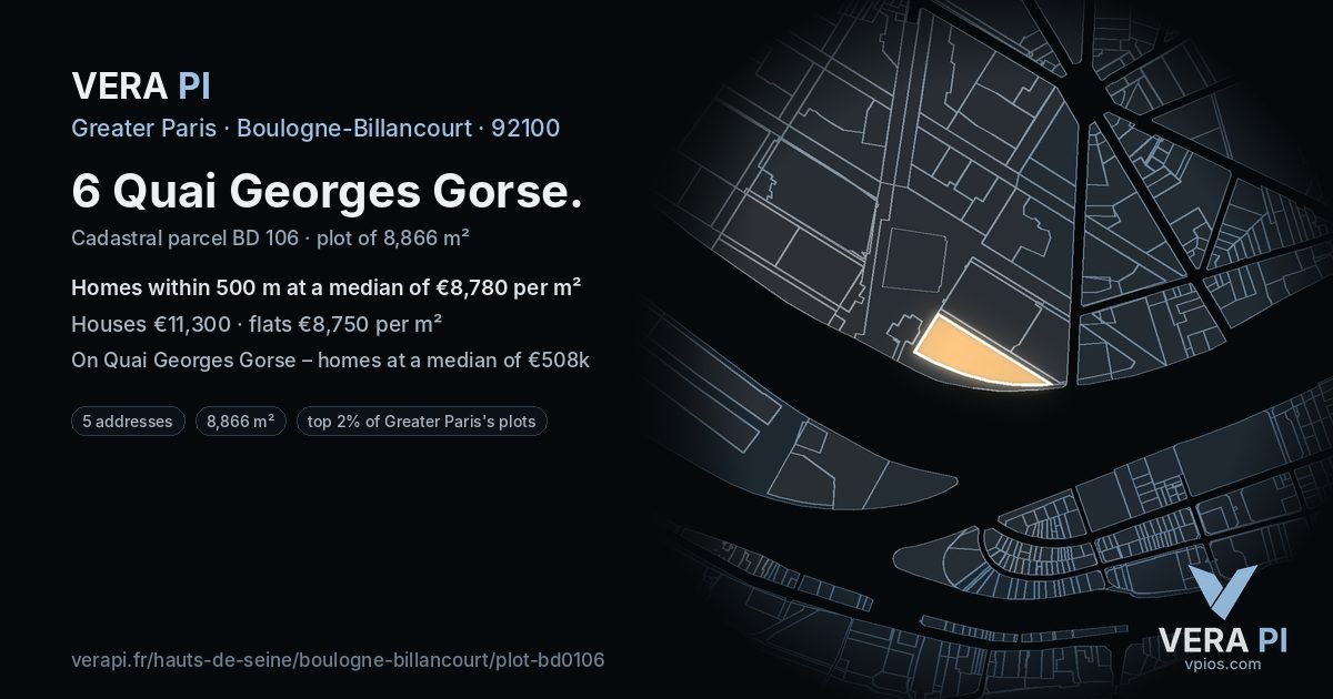 6 Quai Georges Gorse, Boulogne-Billancourt at night – the plot lit, the parcels around coloured by the prices near them