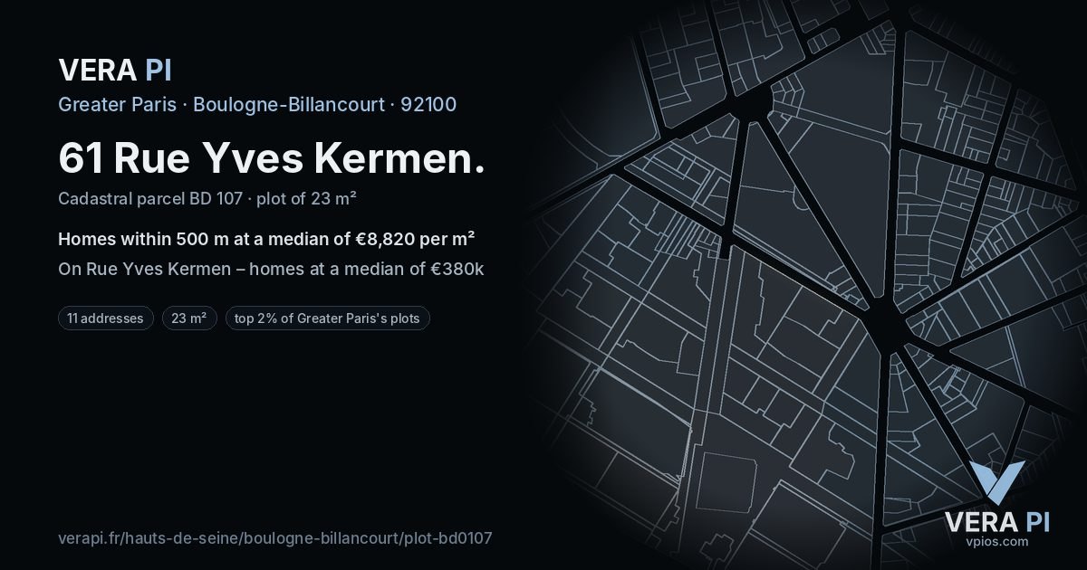 61 Rue Yves Kermen, Boulogne-Billancourt at night – the plot lit, the parcels around coloured by the prices near them