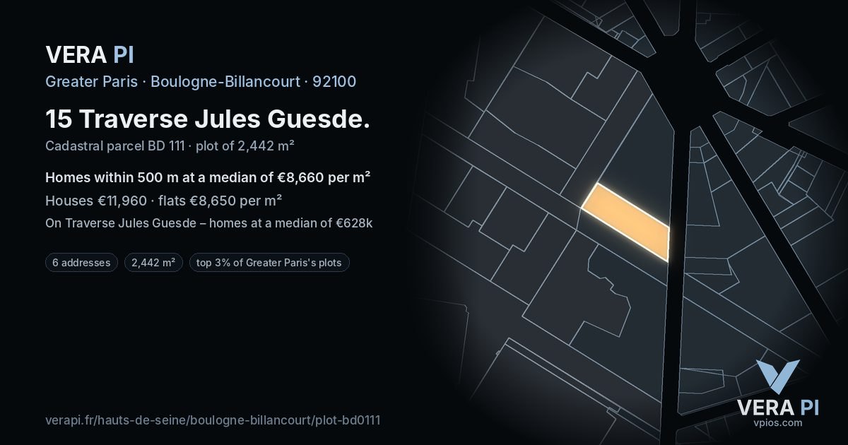 15 Traverse Jules Guesde, Boulogne-Billancourt at night – the plot lit, the parcels around coloured by the prices near them