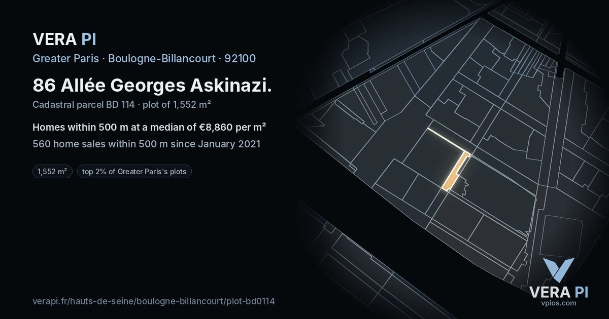 86 Allée Georges Askinazi, Boulogne-Billancourt at night – the plot lit, the parcels around coloured by the prices near them