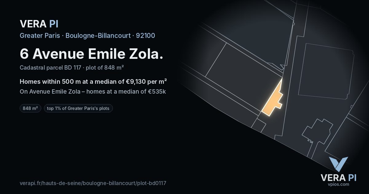 6 Avenue Emile Zola, Boulogne-Billancourt at night – the plot lit, the parcels around coloured by the prices near them