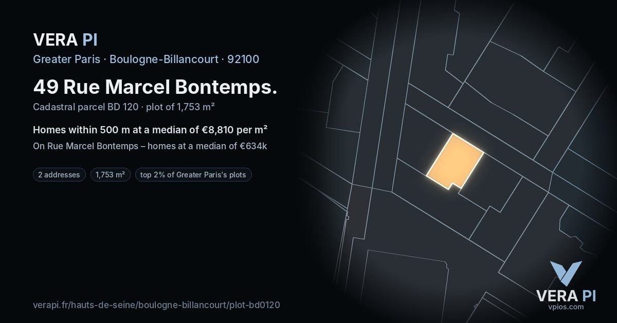 49 Rue Marcel Bontemps, Boulogne-Billancourt at night – the plot lit, the parcels around coloured by the prices near them