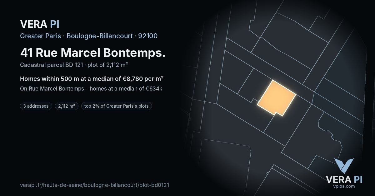 41 Rue Marcel Bontemps, Boulogne-Billancourt at night – the plot lit, the parcels around coloured by the prices near them