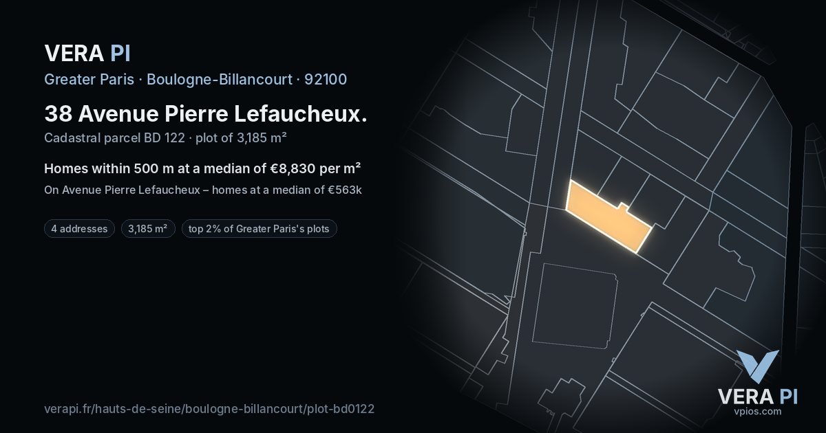 38 Avenue Pierre Lefaucheux, Boulogne-Billancourt at night – the plot lit, the parcels around coloured by the prices near them