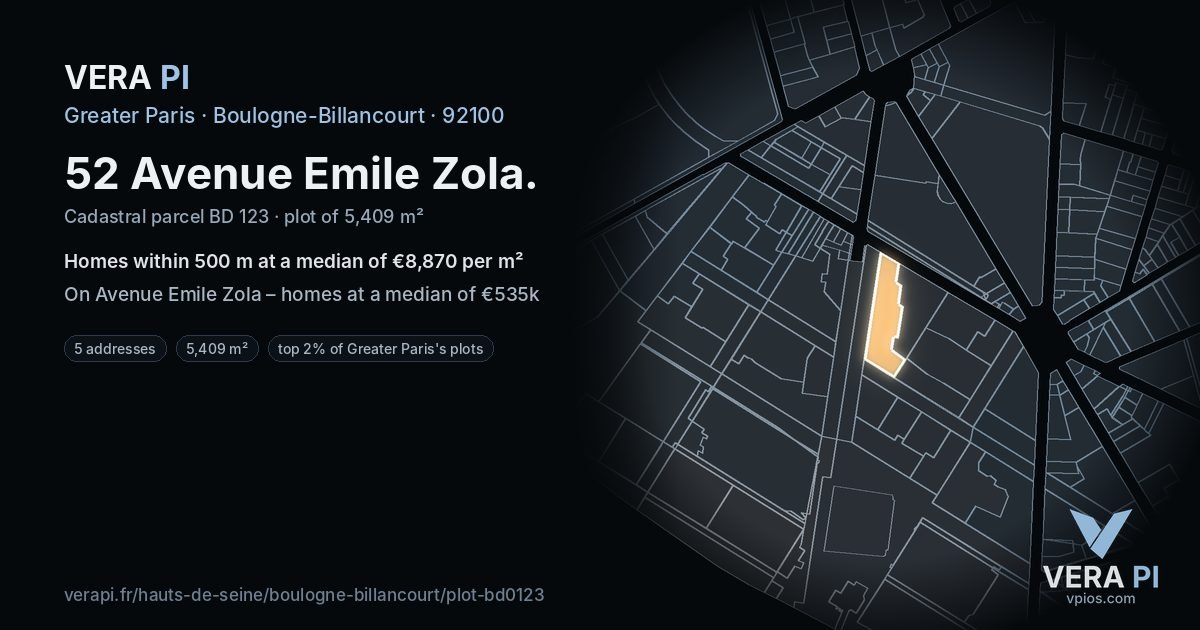 52 Avenue Emile Zola, Boulogne-Billancourt at night – the plot lit, the parcels around coloured by the prices near them
