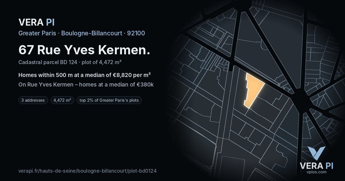 67 Rue Yves Kermen, Boulogne-Billancourt at night – the plot lit, the parcels around coloured by the prices near them