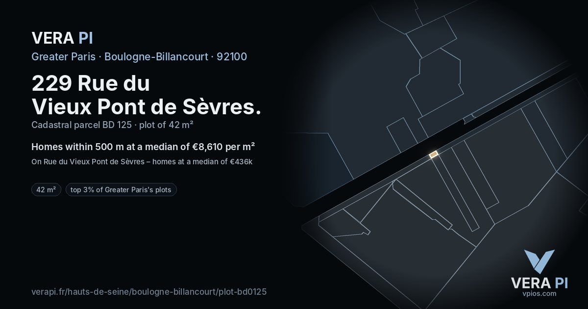 229 Rue du Vieux Pont de Sèvres, Boulogne-Billancourt at night – the plot lit, the parcels around coloured by the prices near them