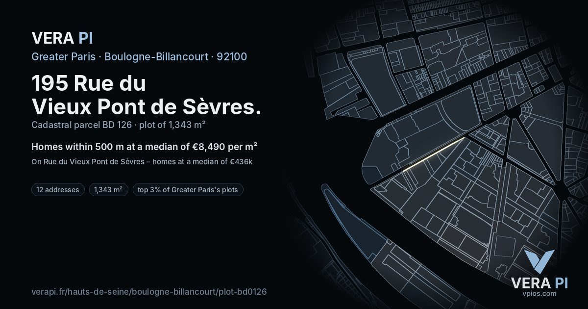 195 Rue du Vieux Pont de Sèvres, Boulogne-Billancourt at night – the plot lit, the parcels around coloured by the prices near them
