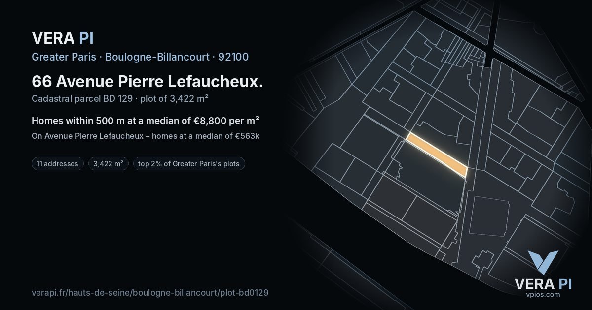 66 Avenue Pierre Lefaucheux, Boulogne-Billancourt at night – the plot lit, the parcels around coloured by the prices near them