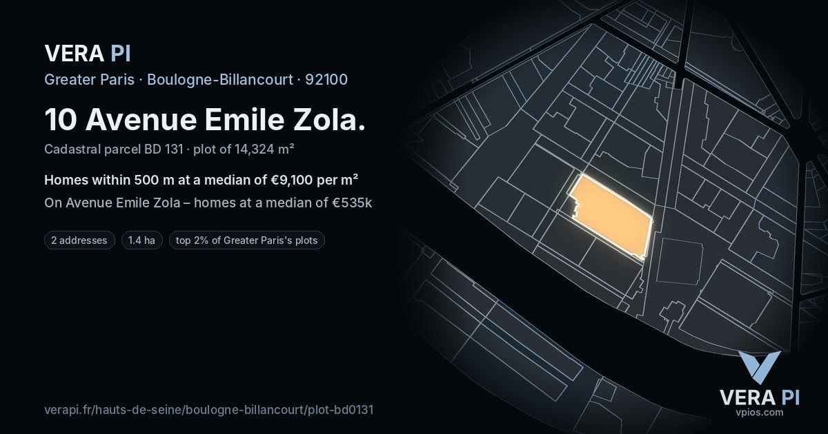 10 Avenue Emile Zola, Boulogne-Billancourt at night – the plot lit, the parcels around coloured by the prices near them