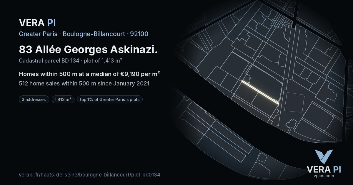 83 Allée Georges Askinazi, Boulogne-Billancourt at night – the plot lit, the parcels around coloured by the prices near them