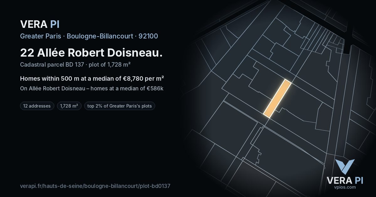 22 Allée Robert Doisneau, Boulogne-Billancourt at night – the plot lit, the parcels around coloured by the prices near them