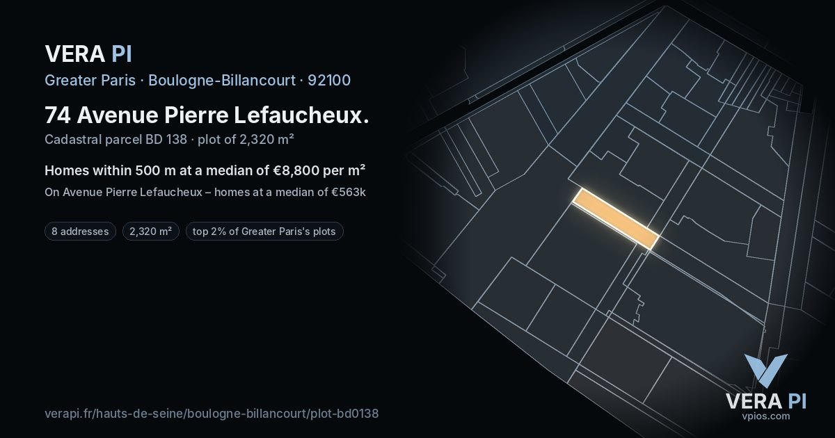 74 Avenue Pierre Lefaucheux, Boulogne-Billancourt at night – the plot lit, the parcels around coloured by the prices near them