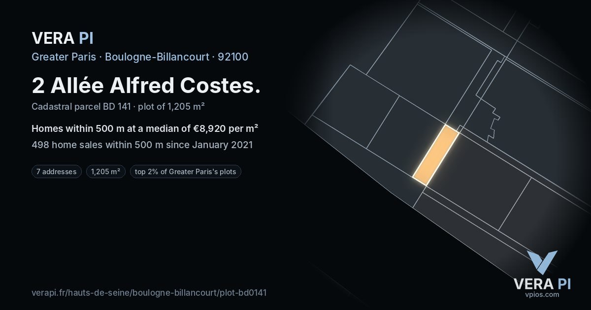 2 Allée Alfred Costes, Boulogne-Billancourt at night – the plot lit, the parcels around coloured by the prices near them