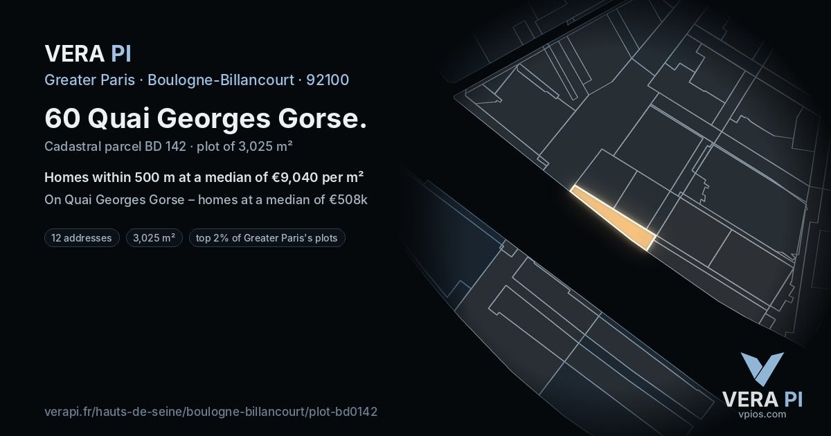60 Quai Georges Gorse, Boulogne-Billancourt at night – the plot lit, the parcels around coloured by the prices near them