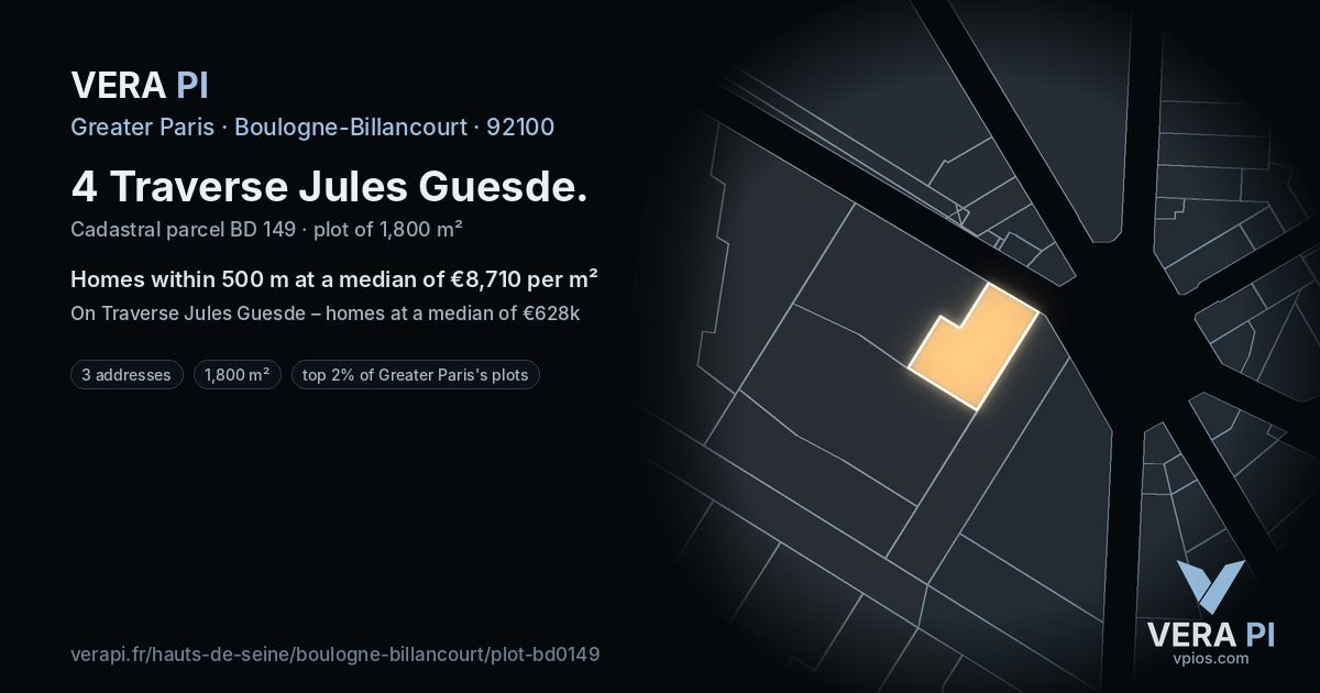 4 Traverse Jules Guesde, Boulogne-Billancourt at night – the plot lit, the parcels around coloured by the prices near them