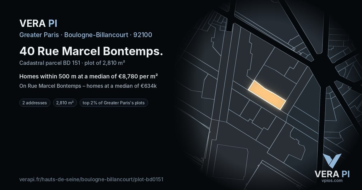 40 Rue Marcel Bontemps, Boulogne-Billancourt at night – the plot lit, the parcels around coloured by the prices near them