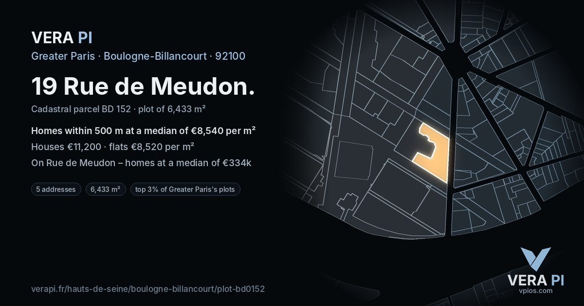 19 Rue de Meudon, Boulogne-Billancourt at night – the plot lit, the parcels around coloured by the prices near them