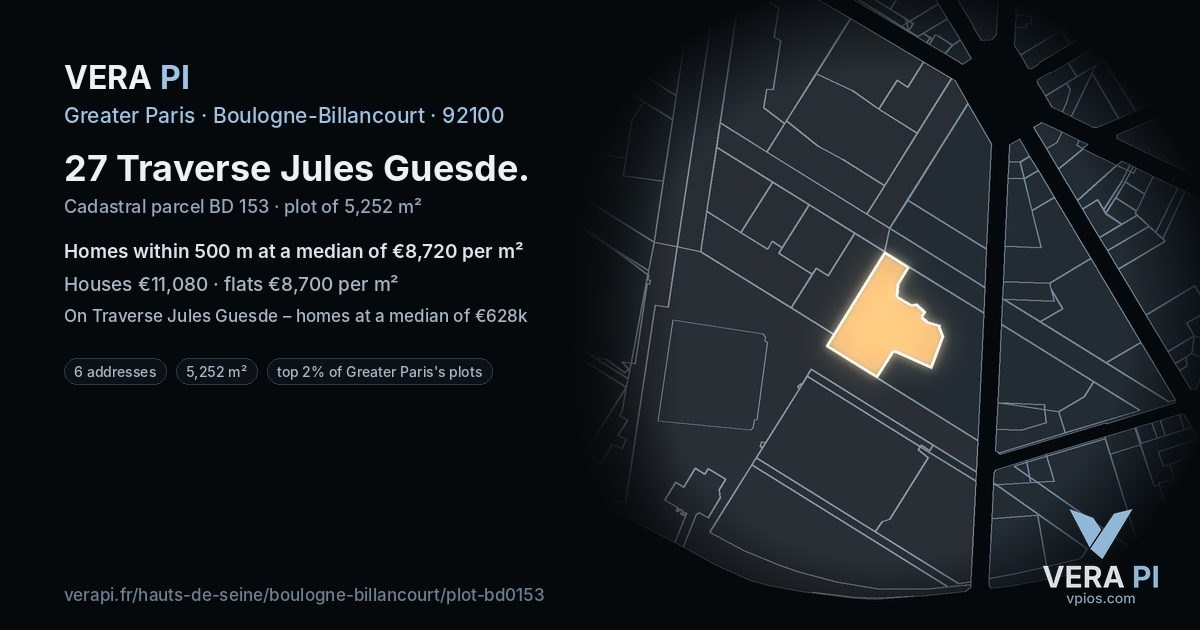 27 Traverse Jules Guesde, Boulogne-Billancourt at night – the plot lit, the parcels around coloured by the prices near them