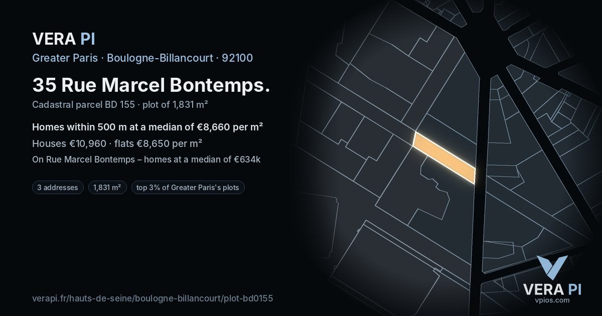 35 Rue Marcel Bontemps, Boulogne-Billancourt at night – the plot lit, the parcels around coloured by the prices near them