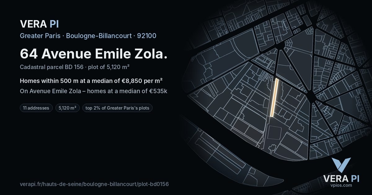 64 Avenue Emile Zola, Boulogne-Billancourt at night – the plot lit, the parcels around coloured by the prices near them
