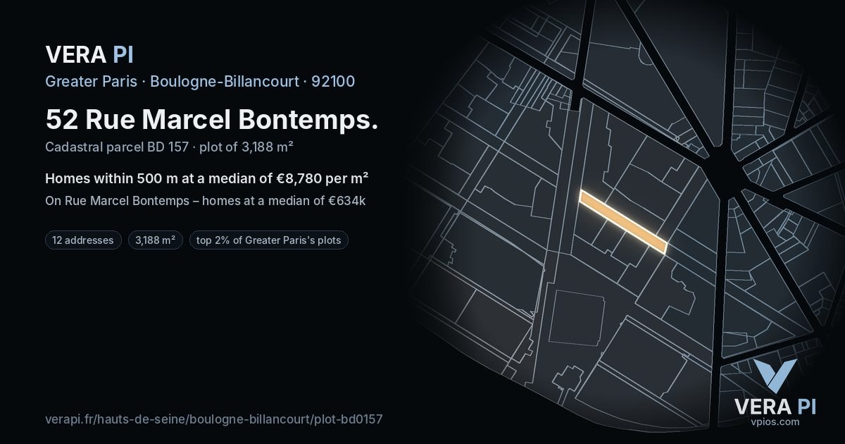 52 Rue Marcel Bontemps, Boulogne-Billancourt at night – the plot lit, the parcels around coloured by the prices near them