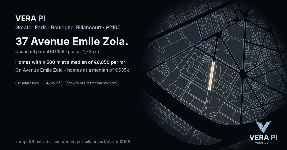 37 Avenue Emile Zola, Boulogne-Billancourt at night – the plot lit, the parcels around coloured by the prices near them