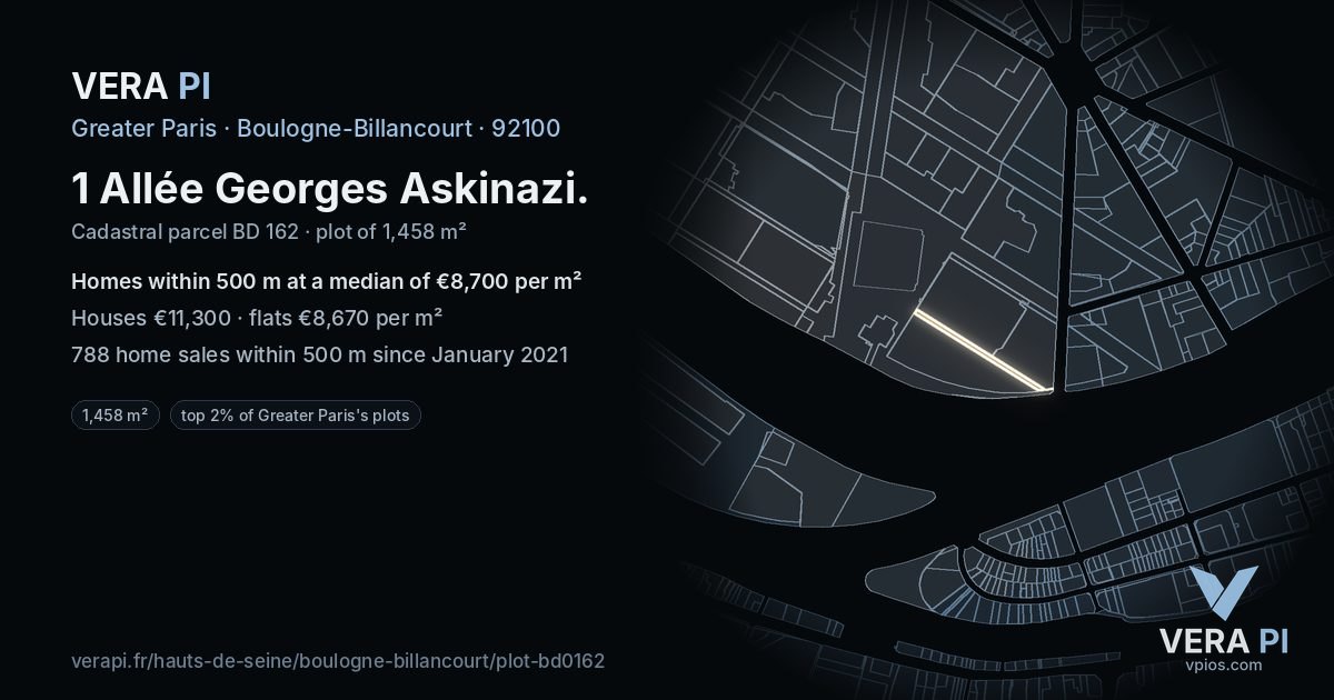 1 Allée Georges Askinazi, Boulogne-Billancourt at night – the plot lit, the parcels around coloured by the prices near them