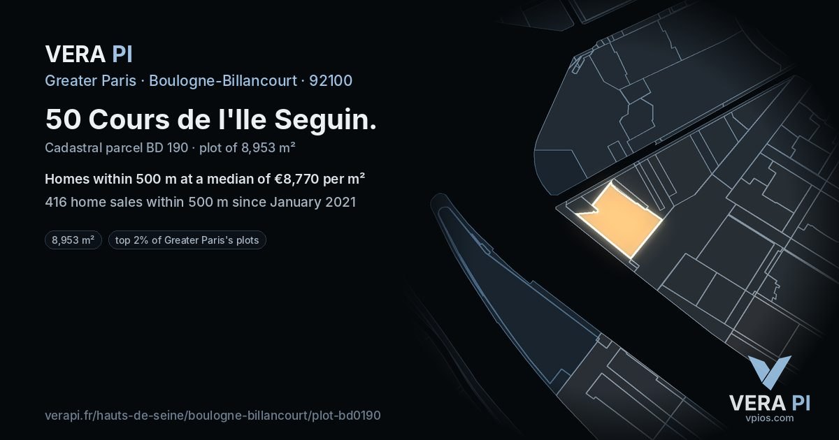 50 Cours de l'Ile Seguin, Boulogne-Billancourt at night – the plot lit, the parcels around coloured by the prices near them
