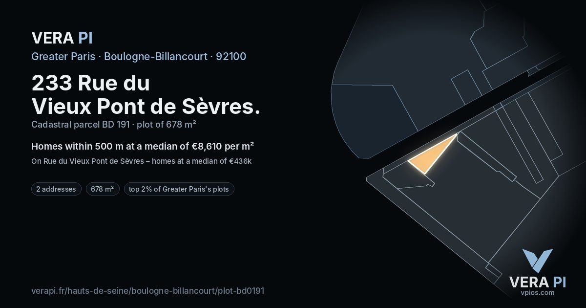 233 Rue du Vieux Pont de Sèvres, Boulogne-Billancourt at night – the plot lit, the parcels around coloured by the prices near them