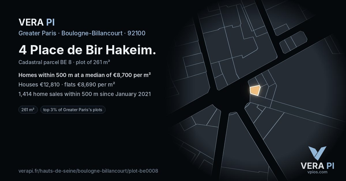 4 Place de Bir Hakeim, Boulogne-Billancourt at night – the plot lit, the parcels around coloured by the prices near them