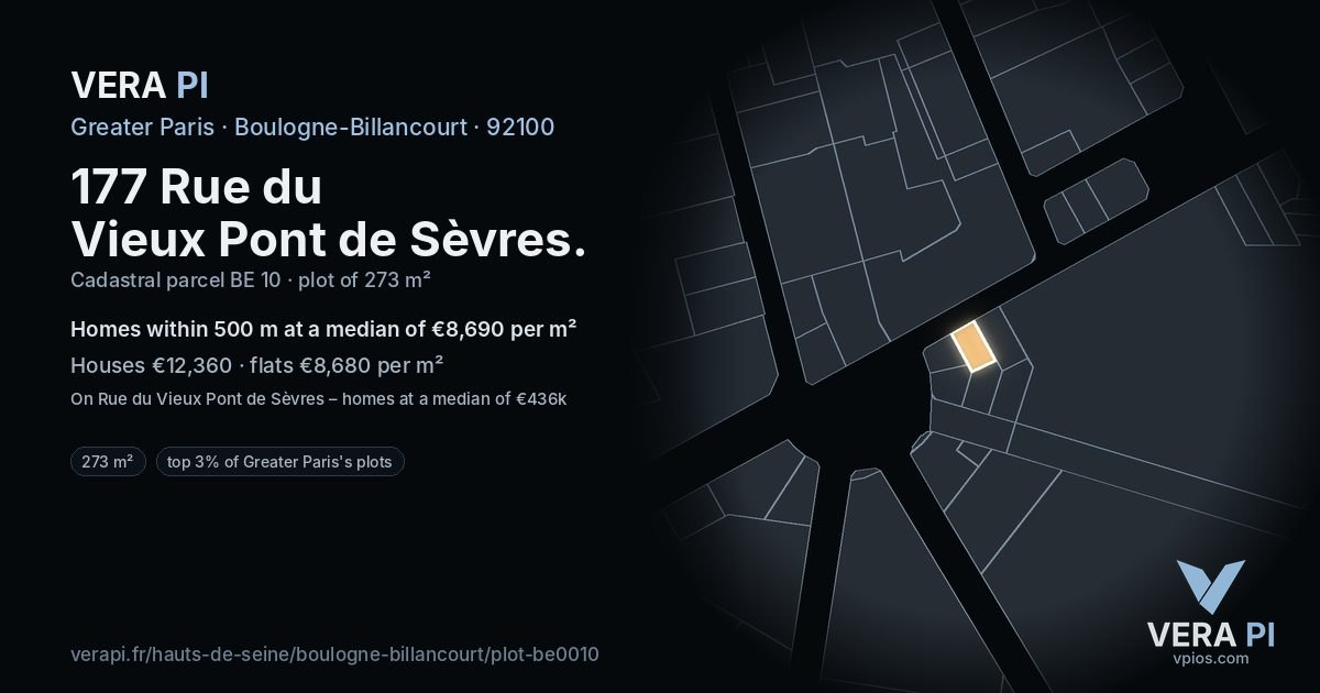 177 Rue du Vieux Pont de Sèvres, Boulogne-Billancourt at night – the plot lit, the parcels around coloured by the prices near them